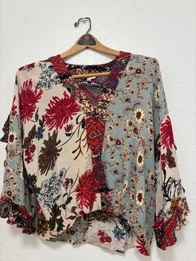 Umgee Multicolor Floral Patchwork V-Neck Blouse small